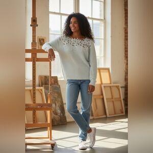 En Crème White Fuzzy Sweater Lace Appliqué Neck Soft Knit Pullover Boho